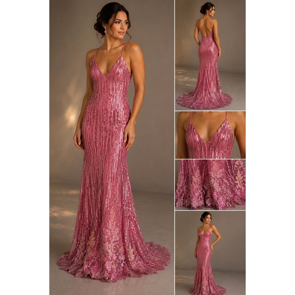 Dear Moon Pink Sequin V-Neck Mermaid Gown Floral Scallop Hem Maxi Prom Formal